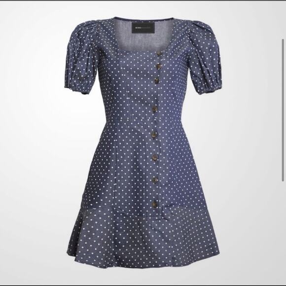 BCBGMAXAZRIA Navy Blue Puff Sleeve Polka Dot Dress Size Small NWT - Picture 2 of 6